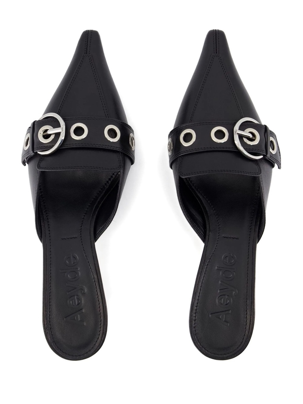 Aeyde Danielle Black Pointed Leather Mule with Silver Grommet Strap